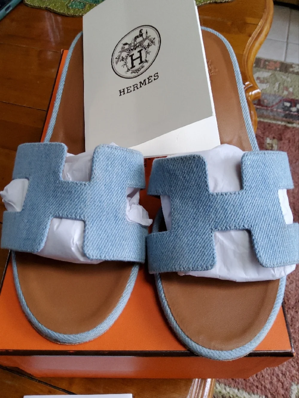 Hermes Light Blue Denim Oran Slide Mules - Picture 4 of 8